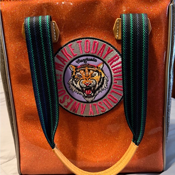 Consuela Handbags - Consuela *VERY RARE* Orange Glitter Tote with Tiger Patch and Striped Handles
